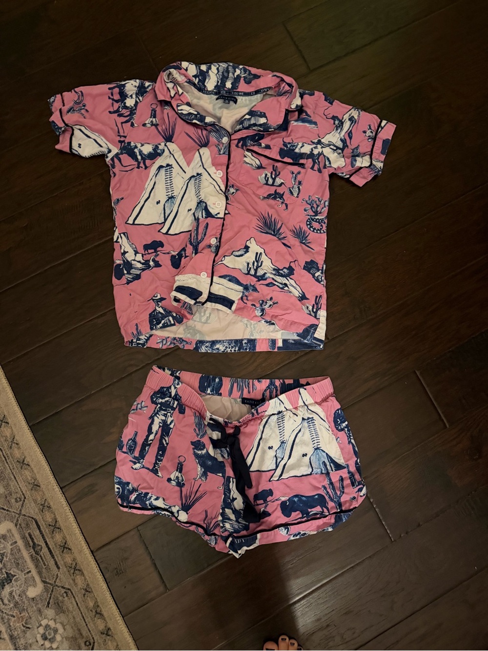 Katie Kime Marfa Toile Pajama Shorts Set Pink Navy XS Western Cowboy